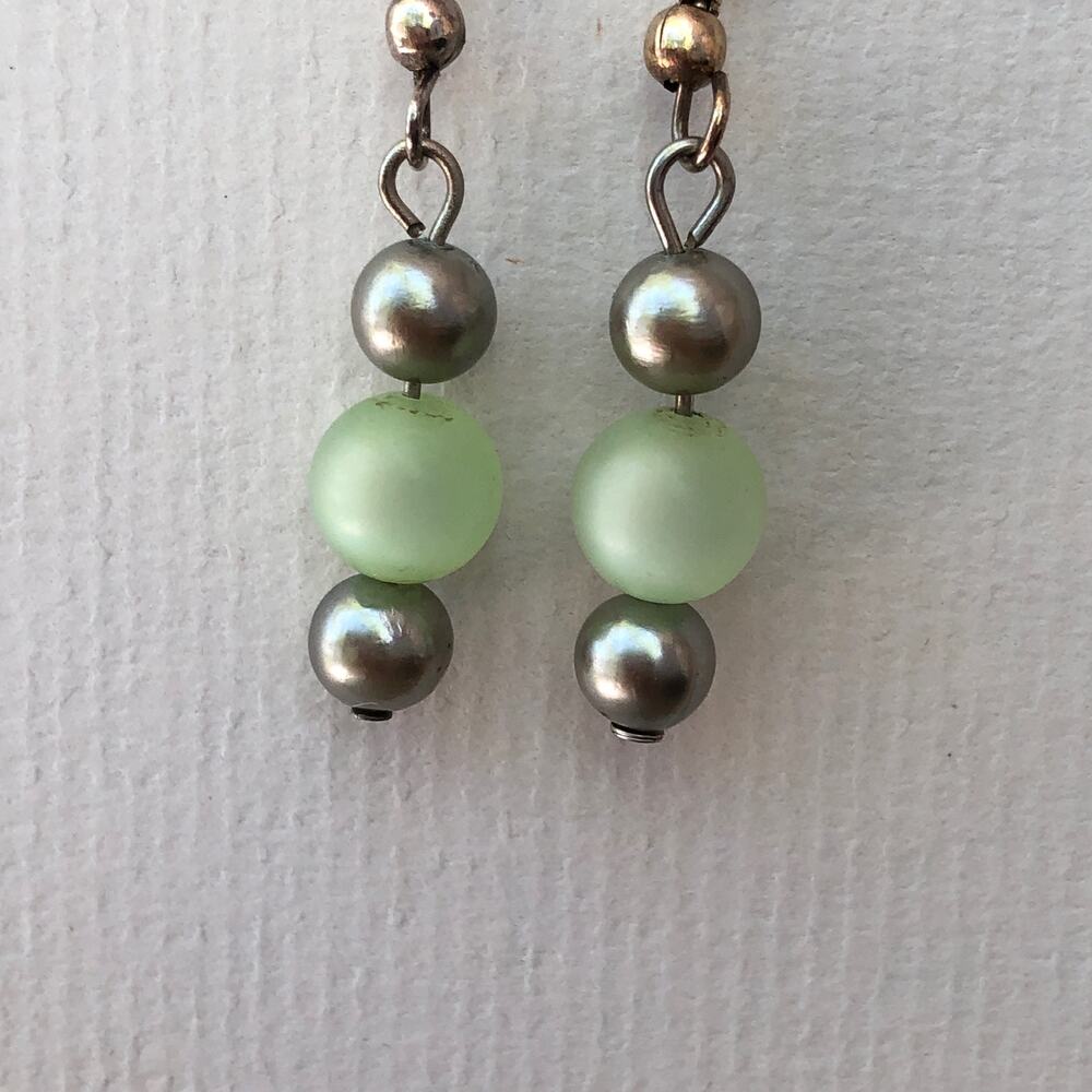 Upcycled Earrings Green and Gray Dangle Statement Hook Faux Pearls Handmade Gift
